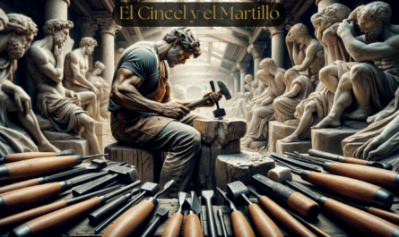 Una vista panorámica centrada en un escultor trabajando, con un claro énfasis en el cincel y el martillo en las manos del artista. El escultor está inmerso en el delicado proceso de esculpir una bella escultura, mostrando un alto nivel de concentración y habilidad. Las herramientas, especialmente el cincel y el martillo, se muestran de forma destacada y detallada, resaltando su importancia en el proceso creativo. El fondo del taller está repleto de esculturas en diversas fases de realización, pero la atención se centra en las herramientas del escultor y en la acción de esculpir. La escena está impregnada de la atmósfera de la creación artística y muestra la pasión y la artesanía de la escultura. https://www.diegogallardo.es/