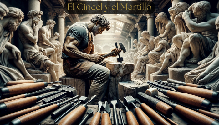 Una vista panorámica centrada en un escultor trabajando, con un claro énfasis en el cincel y el martillo en las manos del artista. El escultor está inmerso en el delicado proceso de esculpir una bella escultura, mostrando un alto nivel de concentración y habilidad. Las herramientas, especialmente el cincel y el martillo, se muestran de forma destacada y detallada, resaltando su importancia en el proceso creativo. El fondo del taller está repleto de esculturas en diversas fases de realización, pero la atención se centra en las herramientas del escultor y en la acción de esculpir. La escena está impregnada de la atmósfera de la creación artística y muestra la pasión y la artesanía de la escultura. https://www.diegogallardo.es/