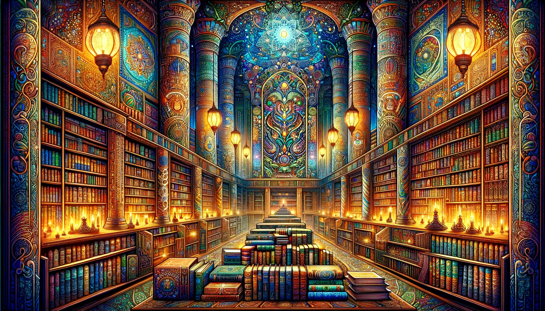 Una ilustración de una antigua biblioteca con libros de diferentes culturas y épocas, representando el conocimiento y la sabiduría compartidos a lo largo de la historia humana.