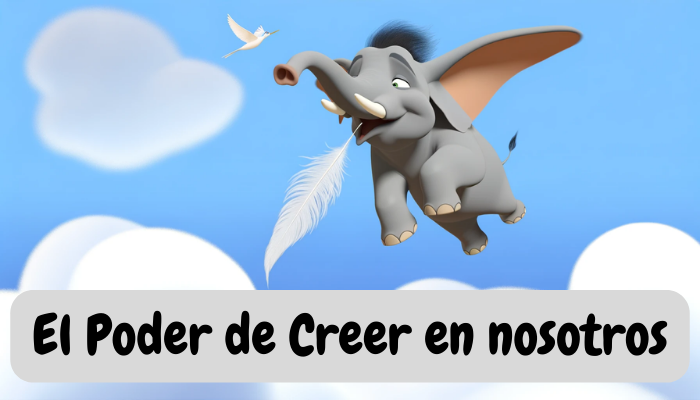 Imagen horizontal al estilo de la animación de Pixar que muestre a un majestuoso elefante volando por el cielo, sujetando una pluma con la trompa. El elefante debe tener una expresión de alegría y triunfo, que represente la nueva confianza que le ha permitido elevarse por encima de las nubes. El fondo debe ser un cielo azul claro con nubes esponjosas, y la alondra debe volar a su lado, compartiendo el momento de gloria del elefante. Esta escena debe captar la magia y la alegría de lograr lo aparentemente imposible, encarnando el tema de la confianza en uno mismo y las aspiraciones. https://www.diegogallardo.es/