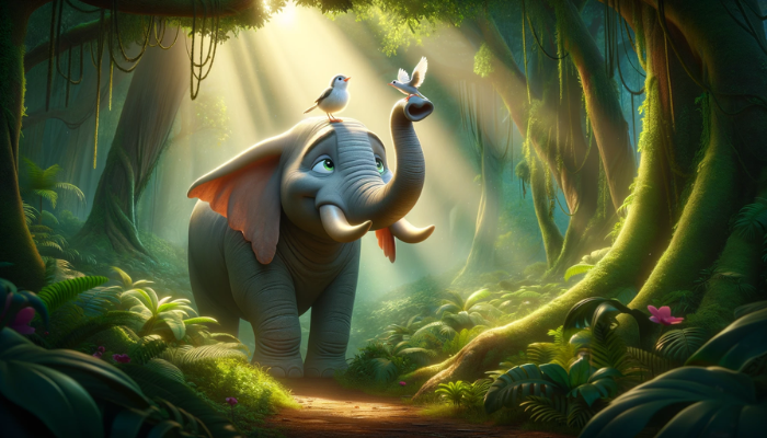 Imagen horizontal al estilo de la animación de Pixar que represente una conmovedora escena en un exuberante entorno selvático, en la que un elefante y una alondra sean los protagonistas mostrando su amistad. El elefante debe parecer apacible y sobrecogedor, mientras que la alondra debe estar posada sobre su lomo, ambos mirando hacia el cielo. La escena debe transmitir una sensación de asombro y posibilidad, con el elefante sosteniendo una pluma en la trompa, símbolo del sueño de volar. El entorno debe ser vibrante y estar lleno de luz que se filtre entre los árboles, ilustrando un momento mágico y edificante que capte la esencia de ganar confianza en uno mismo.
https://www.diegogallardo.es/