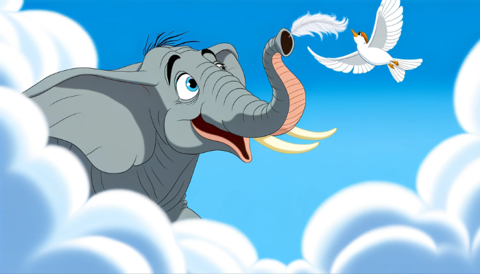 Imagen horizontal al estilo de la animación de Pixar que muestre a un majestuoso elefante volando por el cielo, sujetando una pluma con la trompa. El elefante debe tener una expresión de alegría y triunfo, que represente la nueva confianza que le ha permitido elevarse por encima de las nubes. El fondo debe ser un cielo azul claro con nubes esponjosas, y la alondra debe volar a su lado, compartiendo el momento de gloria del elefante. Esta escena debe captar la magia y la alegría de lograr lo aparentemente imposible, encarnando el tema de la confianza en uno mismo y las aspiraciones.
https://www.diegogallardo.es/